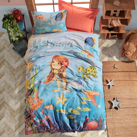 Lenjerii de pat Copii - Lenjerie de pat cu elastic, o persoana, bumbac 100%, Cotton Box, Mermaid - Coral