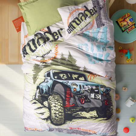 Lenjerii de pat Copii - Lenjerie de pat ranforce, o persoana, bumbac 100%, Cotton Box, Adventure - Green
