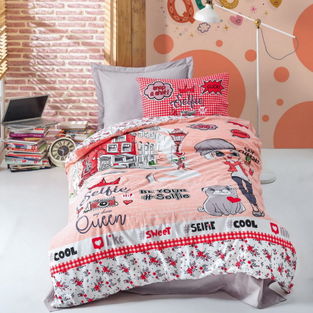 Lenjerii de pat Copii - Lenjerie de pat ranforce, o persoana, bumbac 100%, Cotton Box, Selfie - Pink
