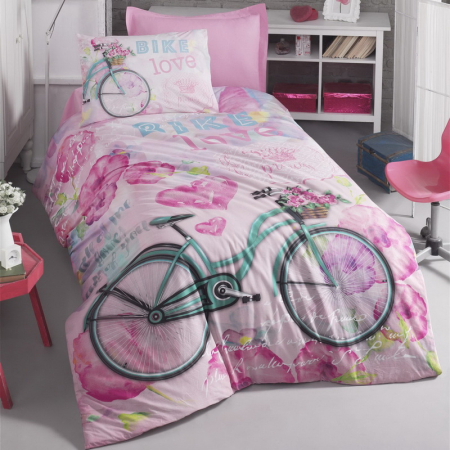 Lenjerii de pat Copii - Lenjerie de pat ranforce, o persoana, bumbac 100%, Cotton Box, Bike - Pink