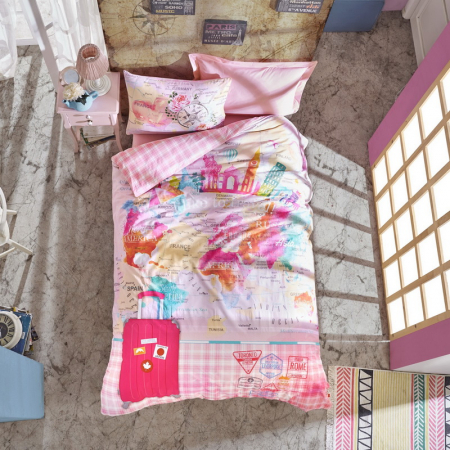 Lenjerii de pat Copii - Lenjerie de pat ranforce, o persoana, bumbac 100%, Cotton Box, Escape - Pink