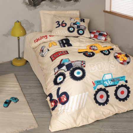 Lenjerii de pat Copii - Lenjerie de pat ranforce, o persoana, bumbac 100%, Cotton Box, Cars - Beige