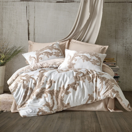 Lenjerii bumbac satin Premium - Lenjerie de pat satin, 6 piese, bumbac 100%, Cotton Box, Loren - Beige
