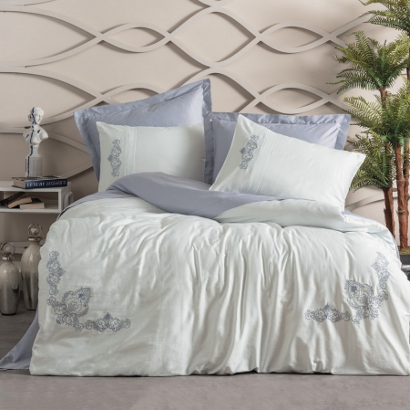 Lenjerii de pat cu broderie - Lenjerie de pat satin premium brodată, 6 piese, bumbac 100%, Cotton Box, Biana - Grey