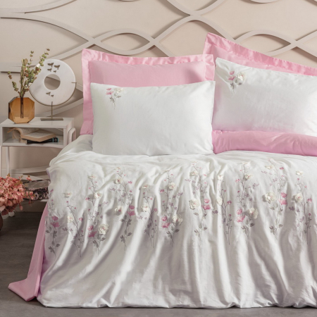 Lenjerii bumbac satin Premium - Lenjerie de pat satin premium brodată, 6 piese, bumbac 100%, Cotton Box, Jolie - Pink