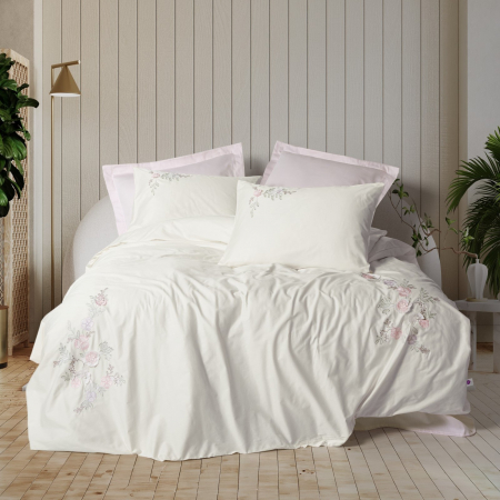 Lenjerie de pat satin premium brodată, 6 piese, bumbac 100%, Cotton Box, Yedda - Powder [0]