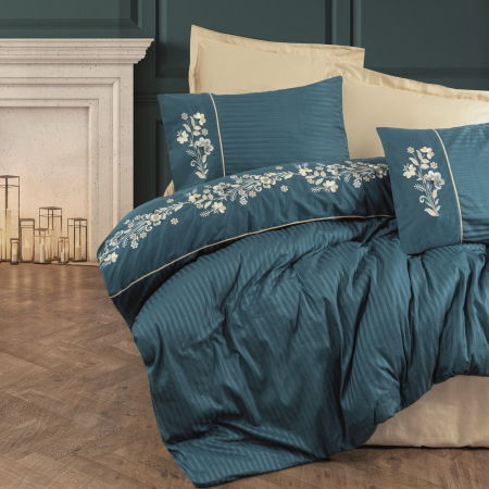 Lenjerie de pat satin premium brodată, 6 piese, bumbac 100%, Cotton Box, Lorenzo - Blue [0]