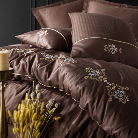 Lenjerie de pat satin premium brodată, 6 piese, bumbac 100%, Cotton Box, King - Brown [1]