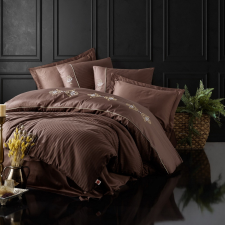 Lenjerie de pat satin premium brodată, 6 piese, bumbac 100%, Cotton Box, King - Brown [0]