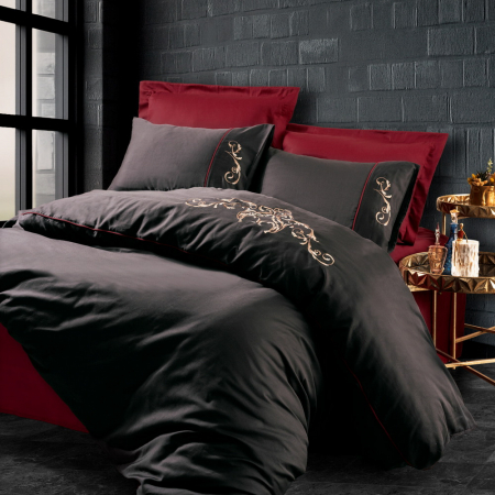 Lenjerie de pat satin premium brodată, 6 piese, bumbac 100%, Cotton Box, Sarita - Clared Red [0]