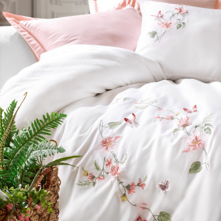 Lenjerie de pat satin premium brodată, 6 piese, bumbac 100%, Cotton Box, Luna - Powder [1]