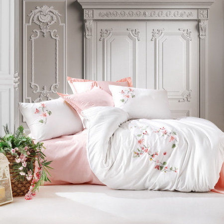 Lenjerie de pat satin premium brodată, 6 piese, bumbac 100%, Cotton Box, Luna - Powder [0]