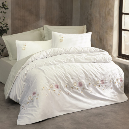 Lenjerii bumbac satin Premium - Lenjerie de pat satin premium brodată, 6 piese, bumbac 100%, Cotton Box, Jenika - Mint
