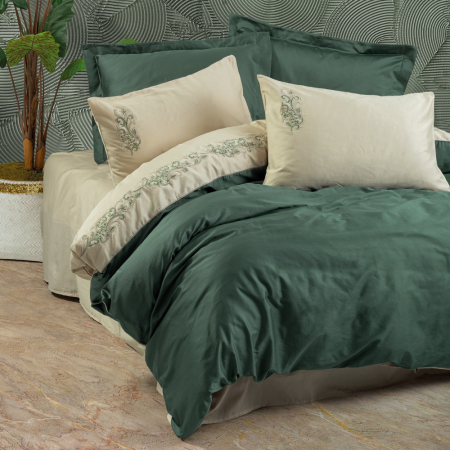 Lenjerie de pat satin premium brodată, 6 piese, bumbac 100%, Cotton Box, Andy - Green [0]