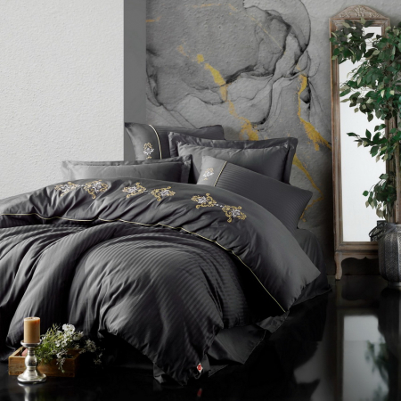Lenjerii bumbac satin Premium - Lenjerie de pat satin premium brodată, 6 piese, bumbac 100%, Cotton Box, King - Anthracite