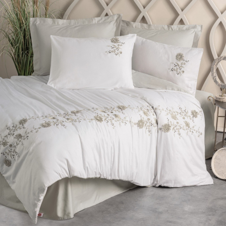 Lenjerii bumbac satin Premium - Lenjerie de pat satin premium brodată, 6 piese, bumbac 100%, Cotton Box, Urian - Beige