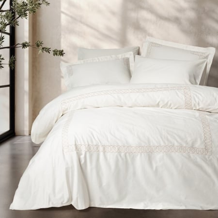 Lenjerii bumbac satin Premium - Lenjerie de pat satin premium brodată, 6 piese, bumbac 100%, Cotton Box, Riley - Ecru