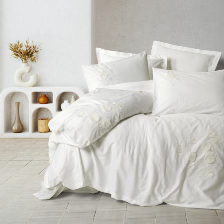 Lenjerie de pat satin premium brodată, 6 piese, bumbac 100%, Cotton Box, Gembira - White [0]