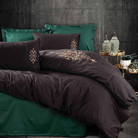 Lenjerie de pat satin premium brodată, 6 piese, bumbac 100%, Cotton Box, Tiana Green [0]