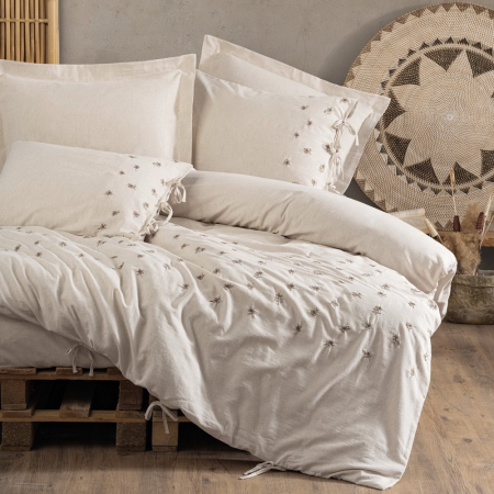 Lenjerii bumbac satin Premium - Lenjerie de pat brodata, 6 piese, bumbac si in, Cotton Box, Arie