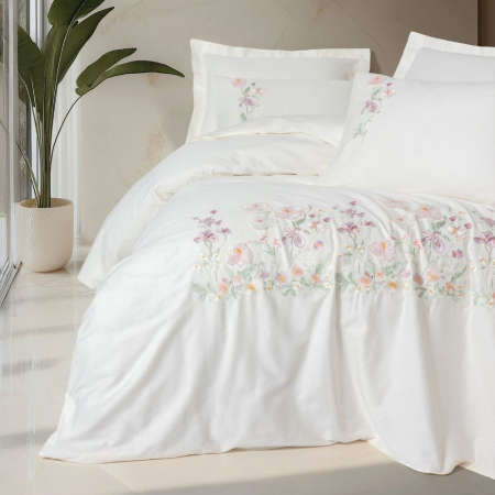 Lenjerii bumbac satin Premium - Lenjerie de pat satin premium brodată, 6 piese, bumbac 100%, Cotton Box, Zephy - Ecru