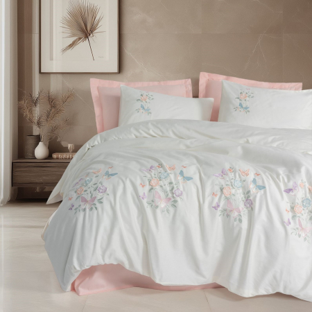 Lenjerii bumbac satin Premium - Lenjerie de pat satin premium brodată, 6 piese, bumbac 100%, Cotton Box, Liva - Powder