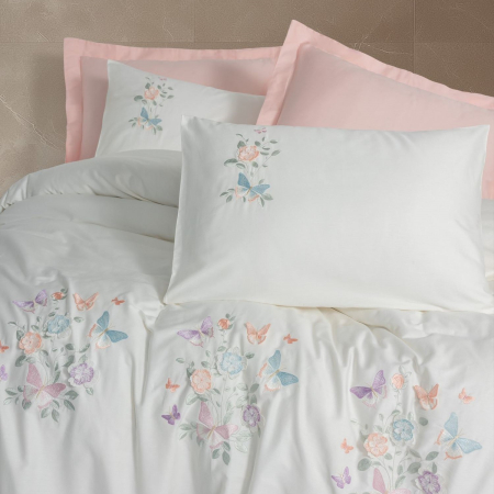 Lenjerie de pat satin premium brodată, 6 piese, bumbac 100%, Cotton Box, Liva - Powder [1]