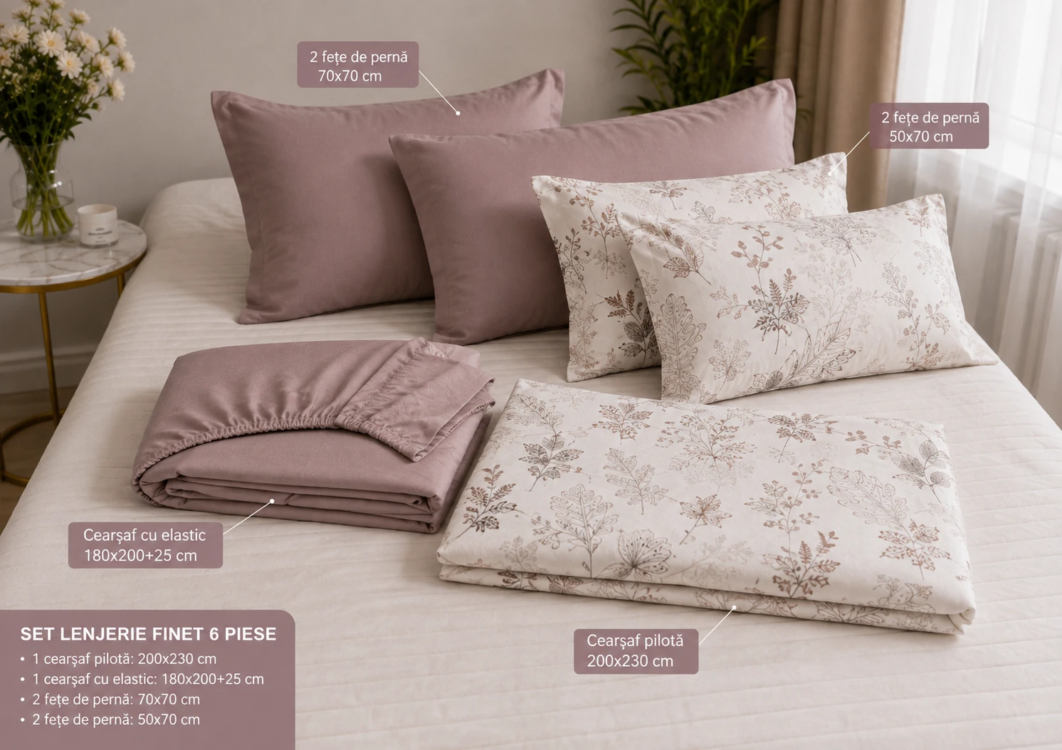 Lenjerie Finet 6 piese cu husa de pat pentru saltea de 160×200 si 180×20 [6]