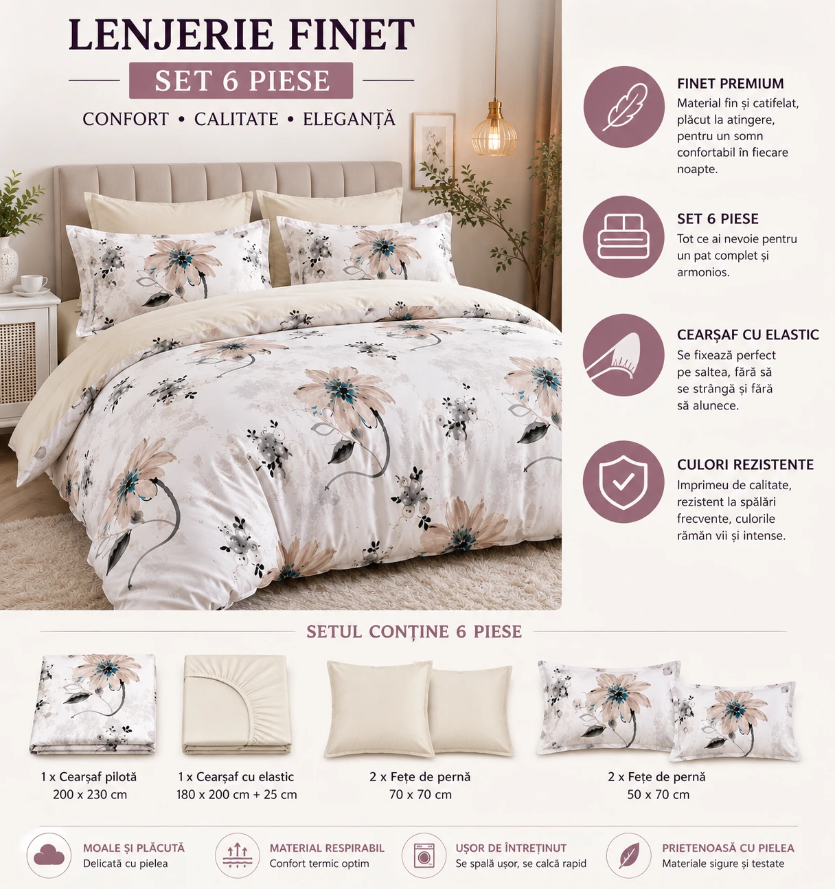 Lenjerie Finet 6 piese cu husa de pat pentru saltea de 160×200 si 180×200 [6]