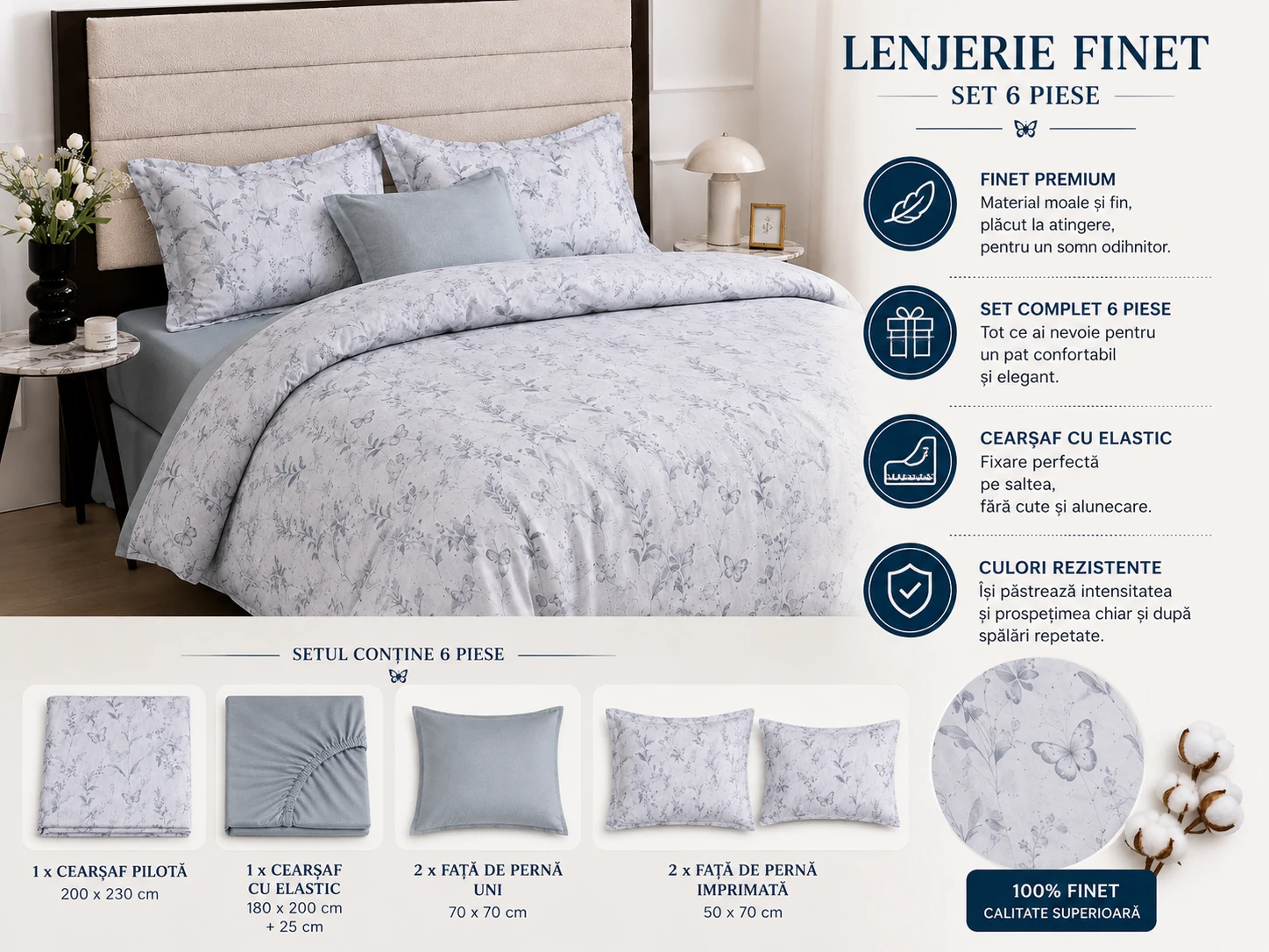 Lenjerie Finet 6 piese cu husa de pat pentru saltea de 160×200 si 180×200 [6]