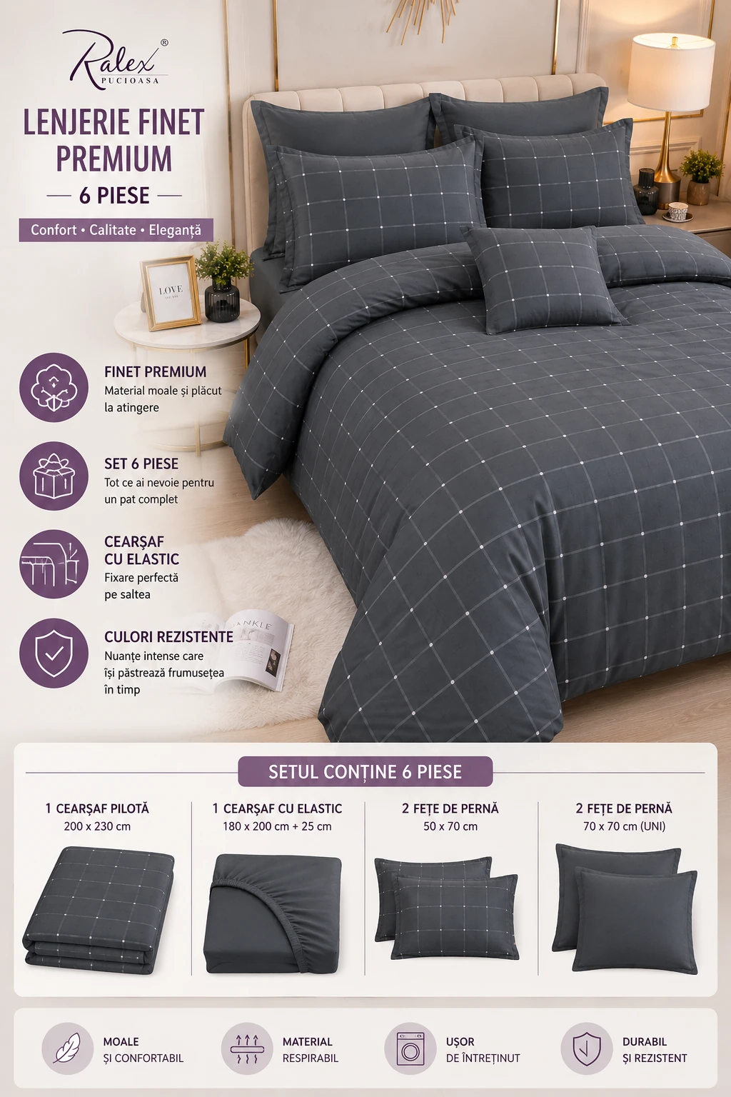 Lenjerie Finet 6 piese cu husa de pat pentru saltea de 160×200 si 180×200 [3]