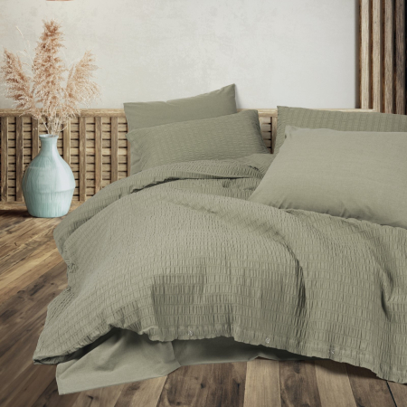 Lenjerii bumbac ranforce - XXL - Lenjerie pat dublu, creponata, 6 piese, Cotton Box, Sungai - Green