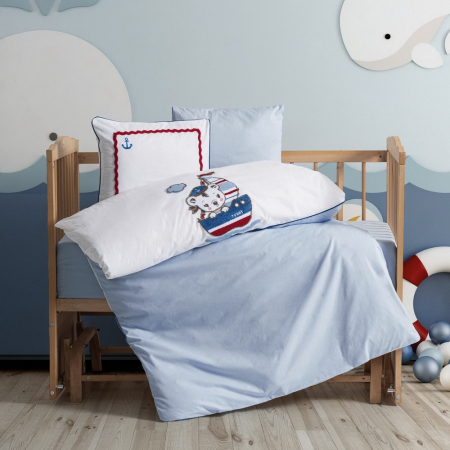 Lenjerii de pat Bebeluși - Lenjerie pătuț bebe, broderie 3D, bumbac 100%, Cotton Box, Miniyo - Blue