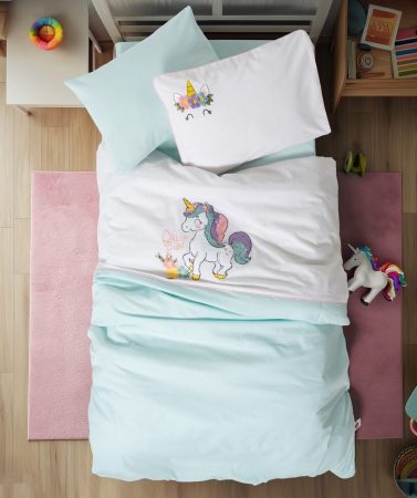 Lenjerii de pat Bebeluși - Lenjerie pătuț bebe, broderie 3D, bumbac 100%, Cotton Box, Dolly - Mint