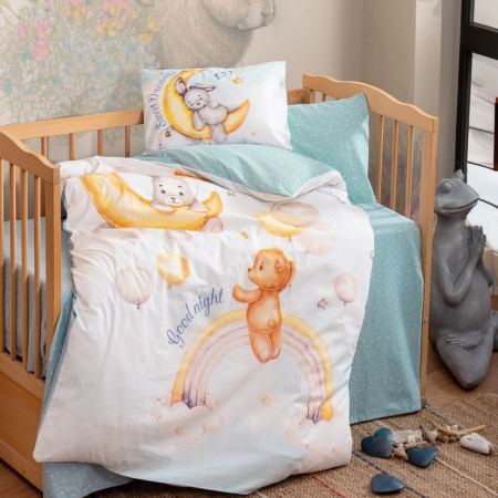 Lenjerii de pat Bebeluși - Lenjerie pătuț bebe, bumbac 100%, Cotton Box, Moon - Mint