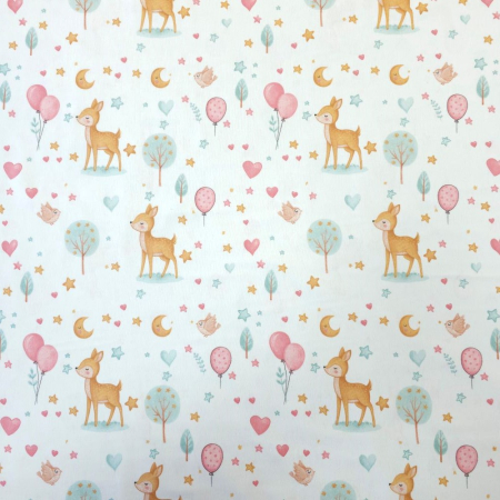 Material textil finet, 150cm, 100% bumbac, Alb cu baloane roz si caprioare [1]