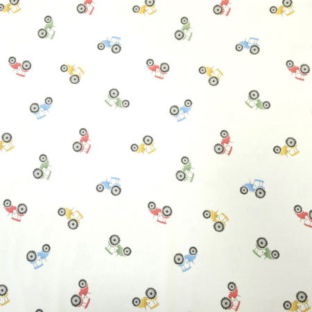 Material textil finet, 150cm, 100% bumbac, Alb cu tractorase multicolore [1]