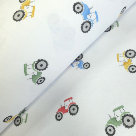 Finet - Material textil finet, 150cm, 100% bumbac, Alb cu tractorase multicolore