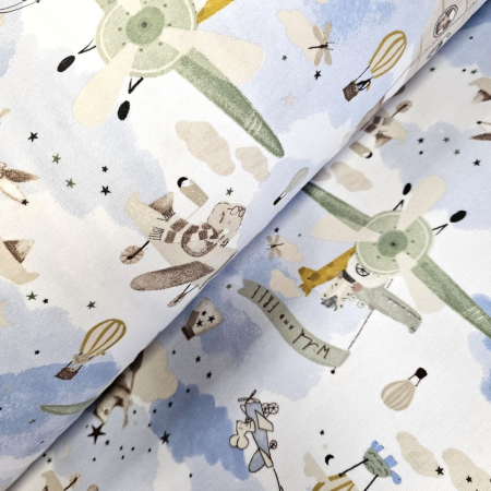 Finet - Material textil finet, 150cm, 100% bumbac, Alb cu avioane verzi