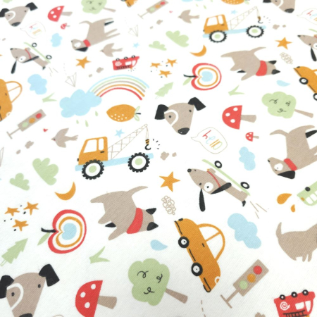 Material textil finet, 150cm, 100% bumbac, Alb cu masinute si curcubeu [2]