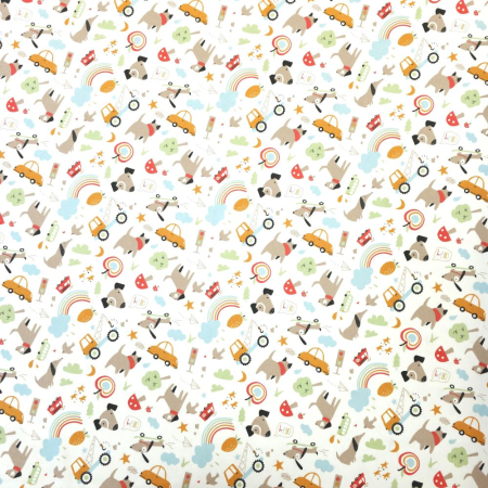 Material textil finet, 150cm, 100% bumbac, Alb cu masinute si curcubeu [1]