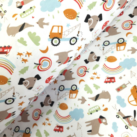 Finet - Material textil finet, 150cm, 100% bumbac, Alb cu masinute si curcubeu