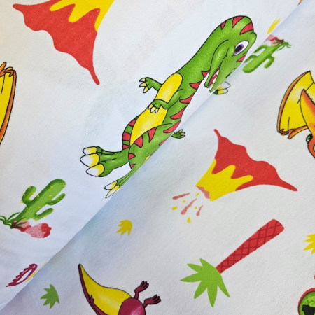 Finet - Material textil finet, 240cm, 100% bumbac, Alb cu dinozauri