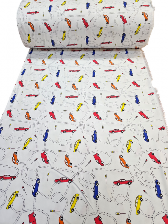 Material textil finet, 240cm, 100% bumbac, Alb cu masinute multicolore [1]