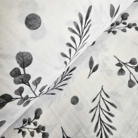 Finet - Material textil finet, 240cm, 100% bumbac, Alb cu frunze gri