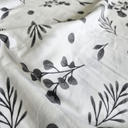 Material textil finet, 240cm, 100% bumbac, Alb cu frunze gri [2]