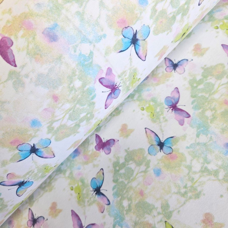 Materiale textile - Material textil finet, 240cm, 100% bumbac, Alb cu fluturasi lila si verzi