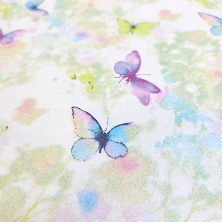 Material textil finet, 240cm, 100% bumbac, Alb cu fluturasi lila si verzi [2]