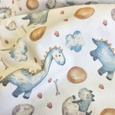 Material textil finet, 240cm, 100% bumbac, Alb cu dinozauri albastrii [3]