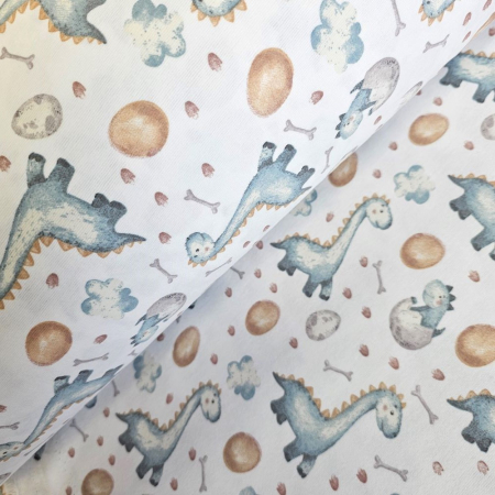 Materiale textile - Material textil finet, 240cm, 100% bumbac, Alb cu dinozauri albastrii